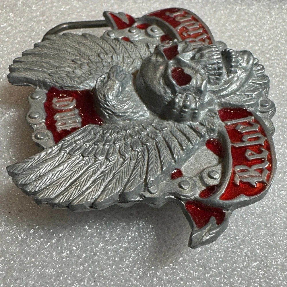 Winged Skull Eagle MC Rebel‎ Rider Belt Buckle Silver Tone Red Enamel Reissue